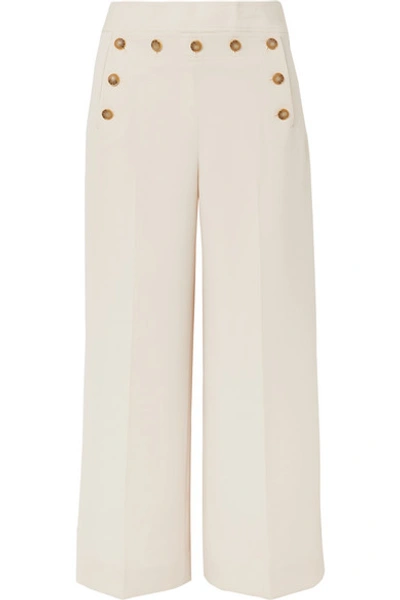 Tory Burch Button-embellished Cropped Crepe Wide-leg Pants In New Ivory