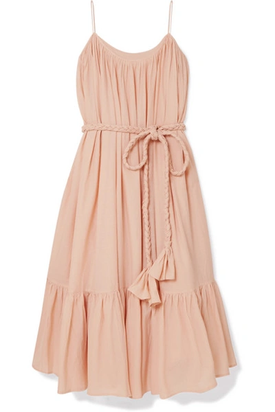Rhode Lea Belted Cotton-voile Midi Dress In Peach