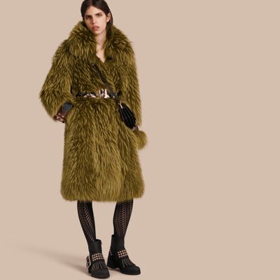 Burberry Oversize Raccoon Coat With Snakeskin Details In Bright Yellow ...
