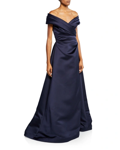 Roland Nivelais Off-the-shoulder Satin Gown In Navy