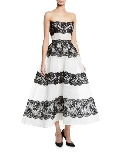 Monique Lhuillier Corseted Strapless Tea-length Gown With Lace Insets In White/black