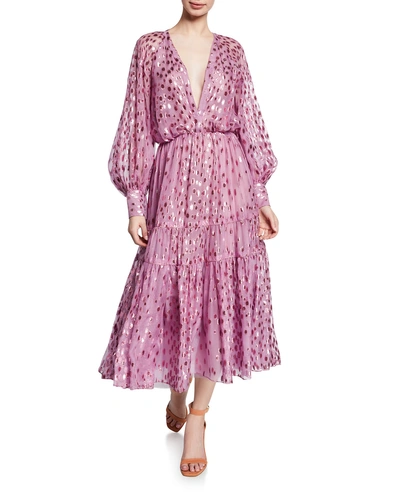 J Mendel Deep-v Dotted Midi Dress In Lavender