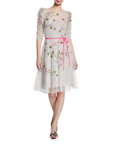 Monique Lhuillier Embroidered Chantilly Lace Cocktail Dress In Silver