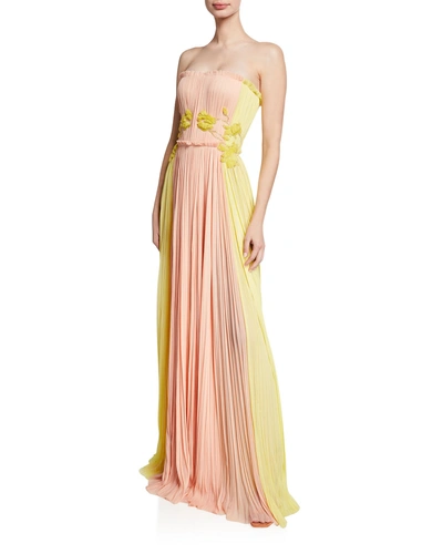J Mendel Two-tone Floral Embroidered Gown In Pink/yellow