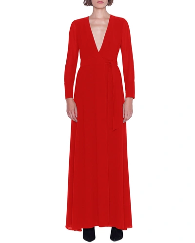 Akris Surplice-neck Long-sleeve Georgette Wrap Dress In Red