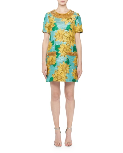 Andrew Gn Jeweled-neck Short-sleeve Sunflower Jacquard Dress In Blue/yellow