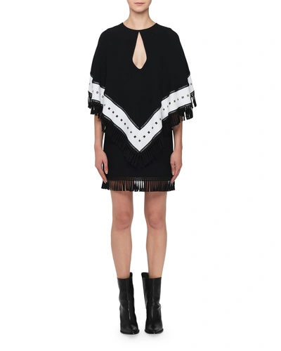 Andrew Gn Keyhole Fringed-cape Mini Dress In Black/white