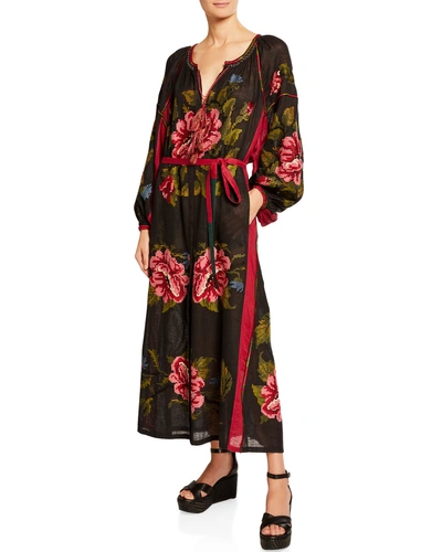 Vita Kin Floral Embroidered Linen Long-sleeve Dress In Black Pattern