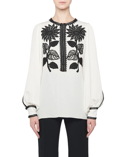 Andrew Gn Sunflower-embroidered Silk Peasant Blouse In White/black