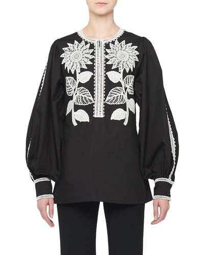 Andrew Gn Sunflower-embroidered Cotton Peasant Blouse In Black/white