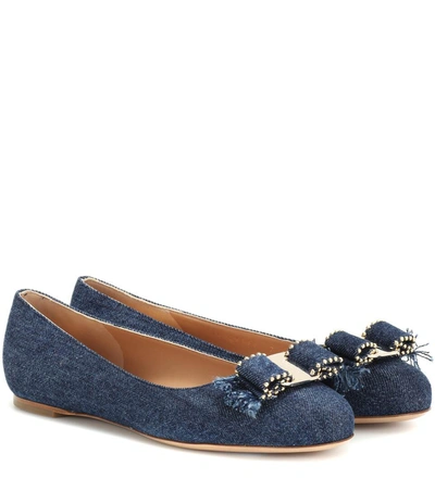 Ferragamo Varina Denim Ballet Flats With Studded Bow In Blue