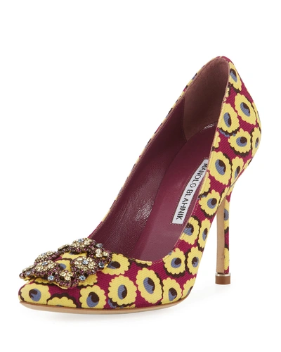 Manolo Blahnik Hangisi Crystal-buckle 105mm Pumps, Burgundy In Yellow/purple