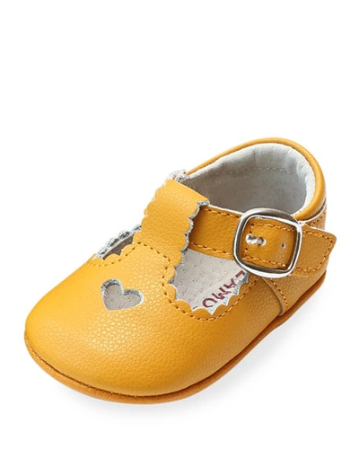 L'amour Shoes Girl's Rosale Heart Cutout Leather Mary Jane Crib Shoes, Baby In Yellow