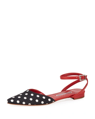 Manolo Blahnik Asenso Leather Ankle-strap Flats In Black/white
