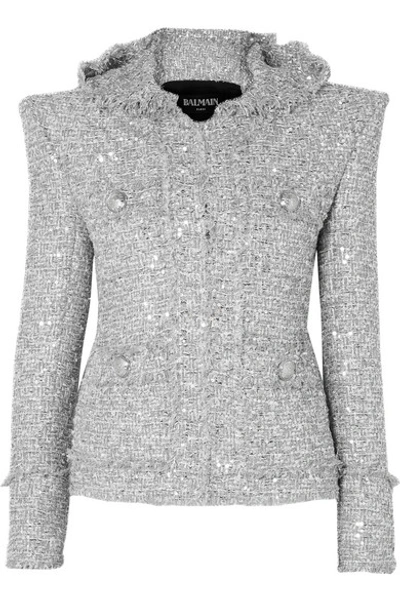 Balmain Shimmer Tweed Exaggerated-shoulder Jacket, Silver