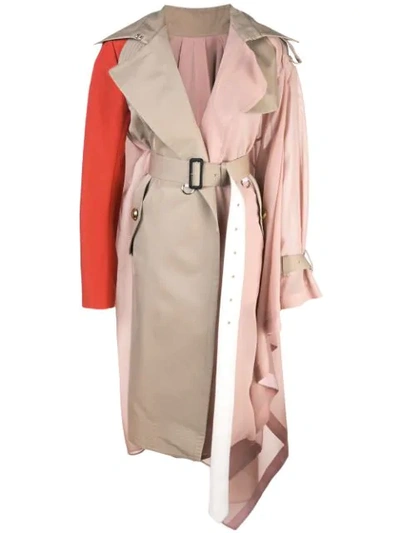 Sacai Chiffon-side Colorblocked Belted Trench Coat In Pink