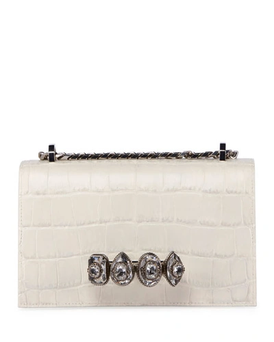 Alexander Mcqueen Jeweled Embossed Croc Satchel In White