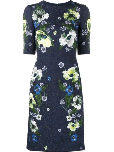 Erdem Floral Print Midi Dress With Cropped Sleeves In Blue