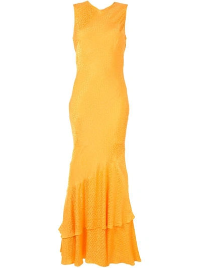 Rebecca Vallance Isobella Ruffled Leopard Satin-jacquard Maxi Dress In Yellow