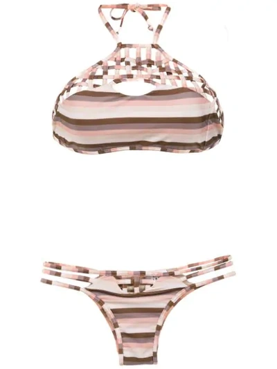 Amir Slama Striped Bikini Top In Brown