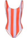 Solid & Striped Round Neck Wide Striped Swimsuit In Purple