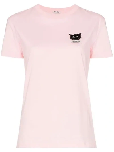 Miu Miu Cat Sequined Patch Cotton T-shirt In F0028 Pink
