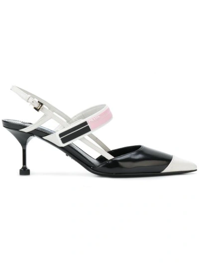 Prada Logo-print Glossed-leather Slingback Pumps In Nero/rosa