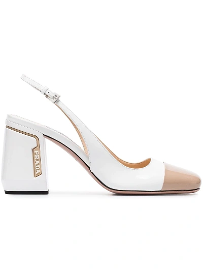 Prada 85 Two-tone Smooth And Patent-leather Slingback Pumps In White