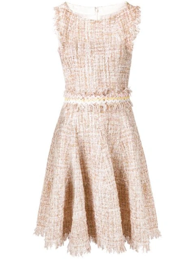 Talbot Runhof Tweed Flared Sleeveless Dress In Neutrals