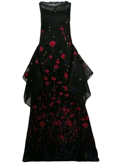 Talbot Runhof Poppy Embroidered Tulle Dress In Black