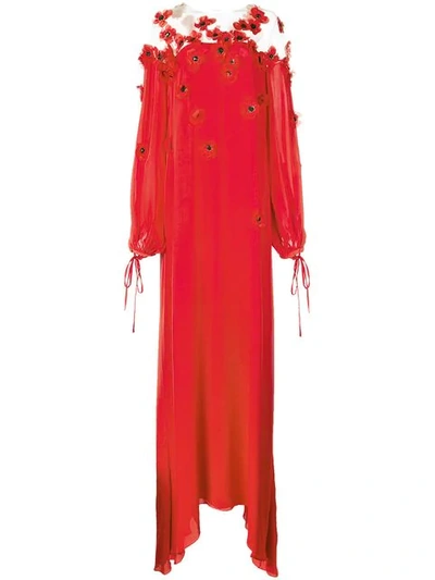 Oscar De La Renta Flower Appliqué Long Dress In Red