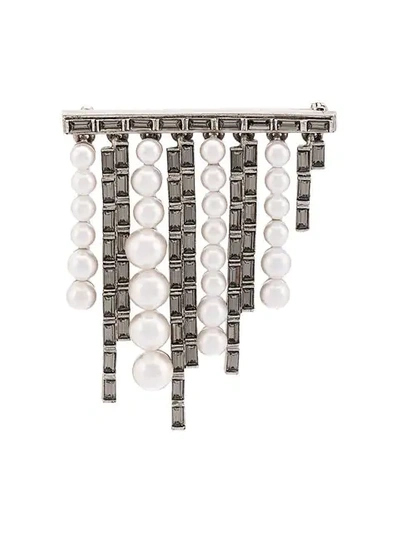 Oscar De La Renta Pearl And Baguette Brooch In Grey