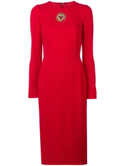 Dolce & Gabbana Heart Logo Crystal Embellished Crepe Dress In Red