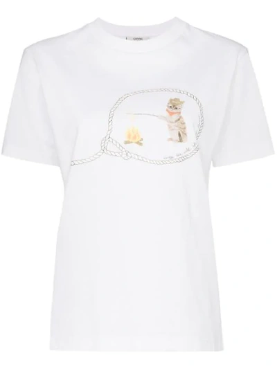 Ganni Harris Cat-print Cotton-jersey T-shirt In White
