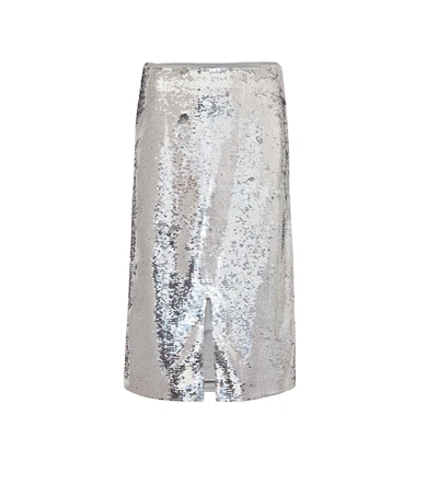 Ganni Sequined Tulle Pencil Skirt In Silver