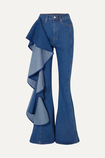 Solace London Trumpet Ruffled High-rise Wide-leg Jeans In Mid Denim
