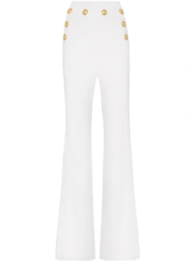 Balmain High Waist Button Detail Flared Trousers In White