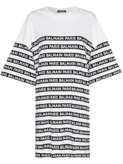 Balmain Oversized Logo Stripe Print Cotton T Shirt In White