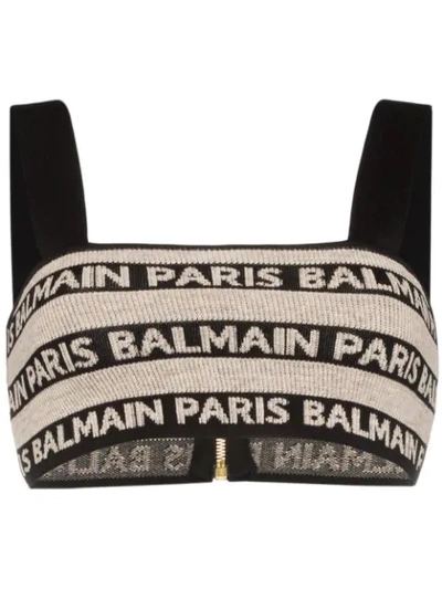 Balmain Striped Logo Knitted Linen Blend Bralette In Black