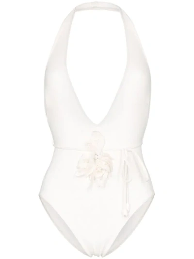Zimmermann Corsage Flower Belted Halterneck Swimsuit In White