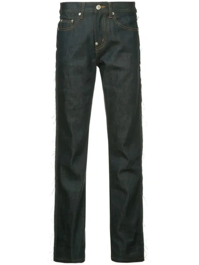 Pushbutton Panelled Faux Leather Straight Jeans In Blue