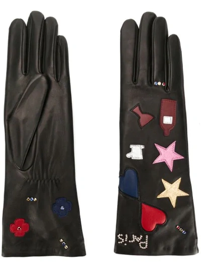 Agnelle Gloves With Embroidered Paris Icons - Black
