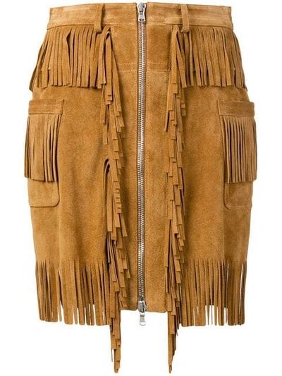 Diesel Black Gold Skirt In Split Suede With Fringes In Brown