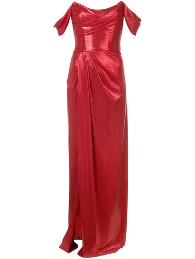Marchesa Notte Off-the-shoulder High-slit Gown In Red