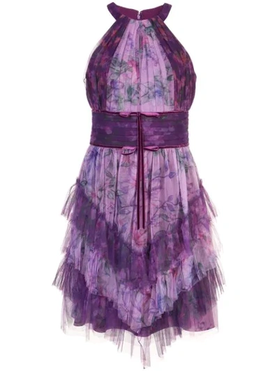 Marchesa Notte Pleated Midi Dress In Purple