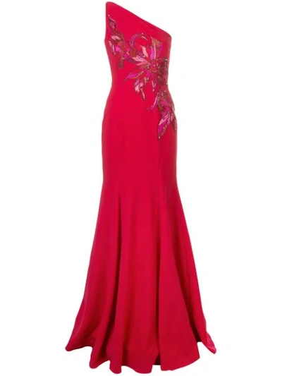 Marchesa Notte One Shoulder Long Dress In Red