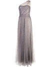 Marchesa Notte Long One-shoulder Dress In Metallic