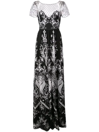 Marchesa Notte Long Embroidered Dress In Black