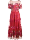 Marchesa Notte Floral-embroidered Midi Dress In Red