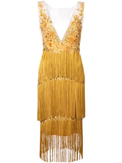 Marchesa Notte Floral Embroidery Fringed Dress In Yellow